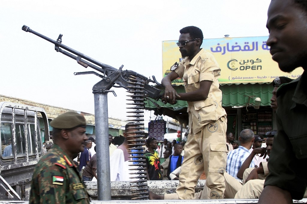 Sudanese security forces patrol in a commercial district in Gedaref city in eastern Sudan on April 3, 2024, amid the ongoing conflict in the country between the army and paramilitaries (AFP)